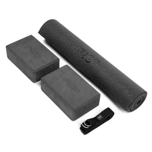 Komplettes Yoga-Set aus Yogamatte, 2 Yogablöcken und einem 2-in-1 Yogagurt - Schwarz
