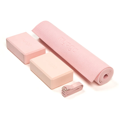 Komplettes Yoga-Set aus Yogamatte, 2 Yogablöcken und einem 2-in-1 Yogagurt - Rosa